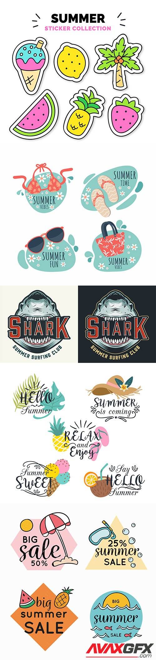 Colorful hand-drawn summer badge collection and surfing club logo