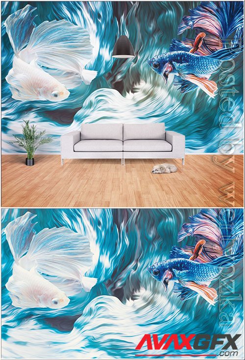 3d creative siamese fighting fish, psd painting room wall