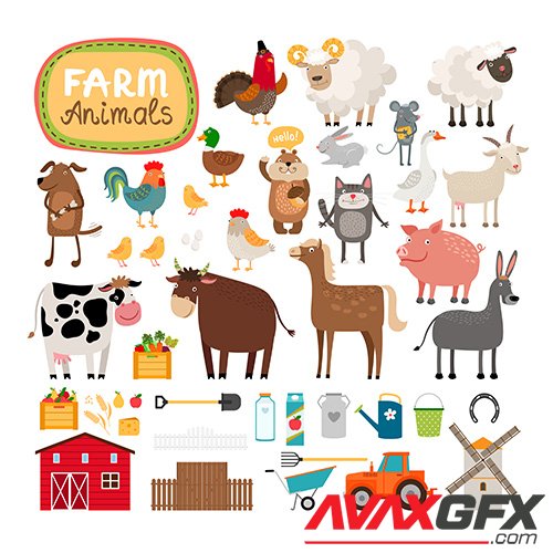 Set of farm animals agricultural accessories