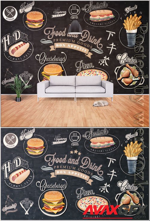 Hand drawn vintage chalkboard western style fast food background wall