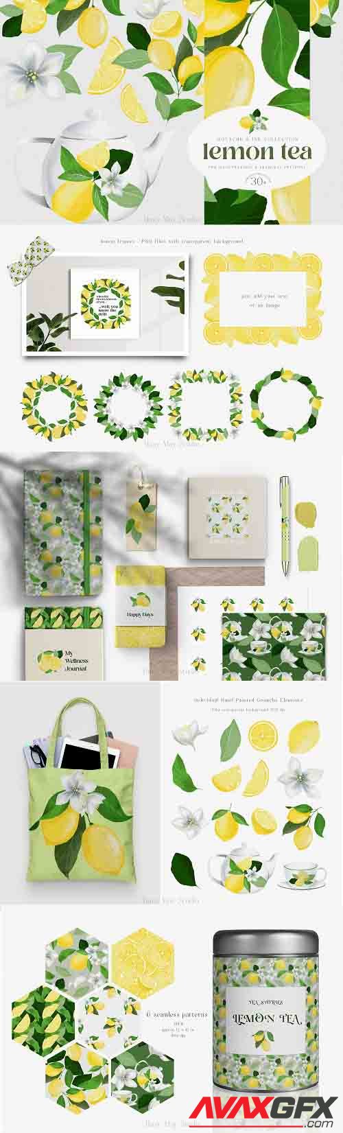 Lemon Gouache Illustrations and Seamless Patterns Summer PNG - 1353437