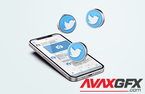 Twitter on silver mobile phone psd mockup with 3d icons