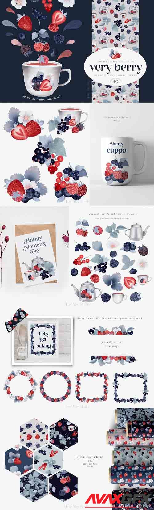 Gouache Berries Illustrations and Seamless Patterns PNG JPEG - 1360042