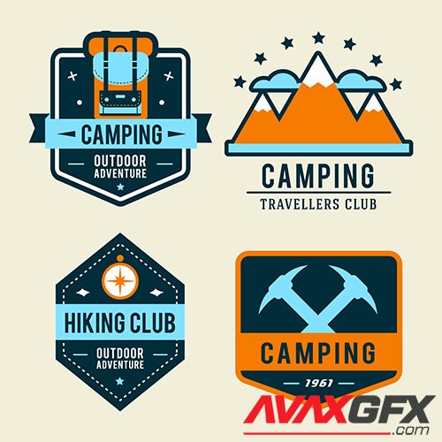Camping flat set with hiking equipment outdoors badge