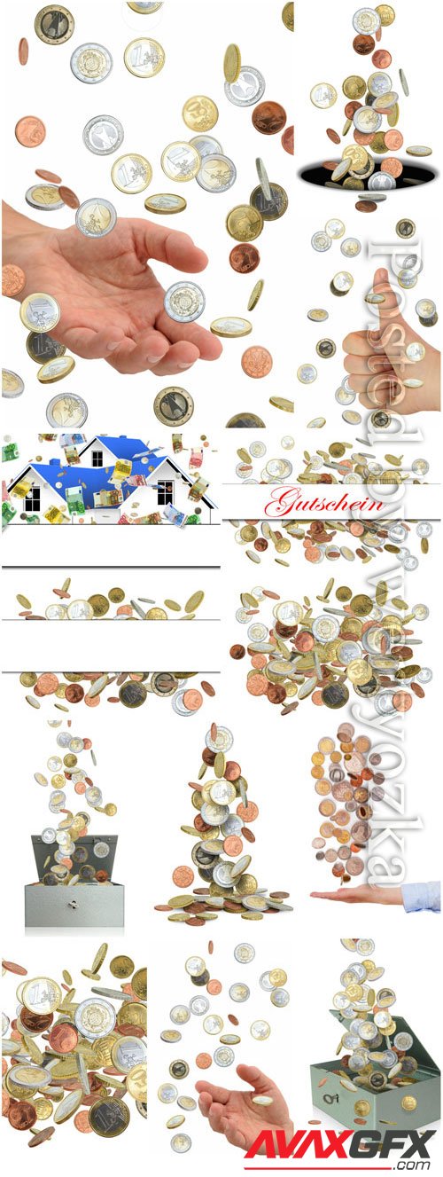Scattering of coins, money in hands stock photo