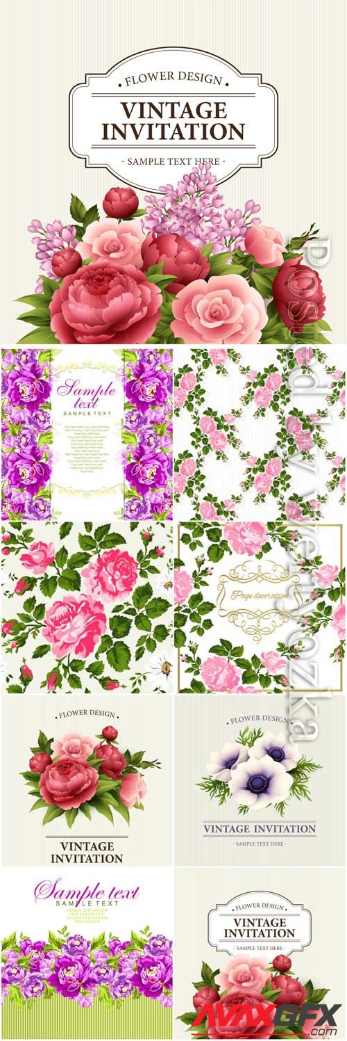Vintage invitation cards with flowers in vector