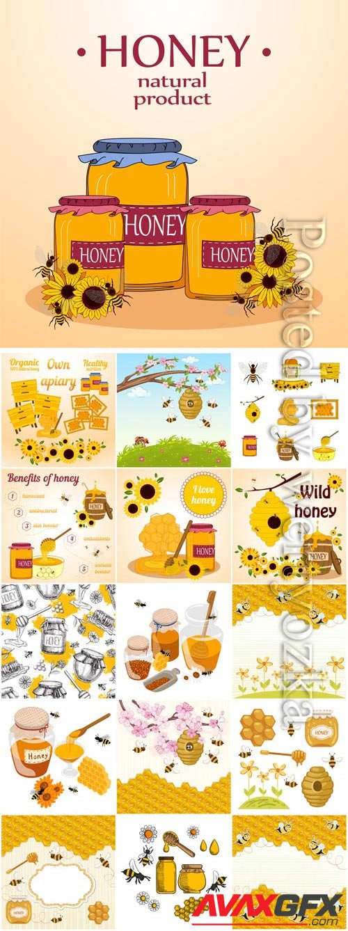 Jars with honey and bees in vector