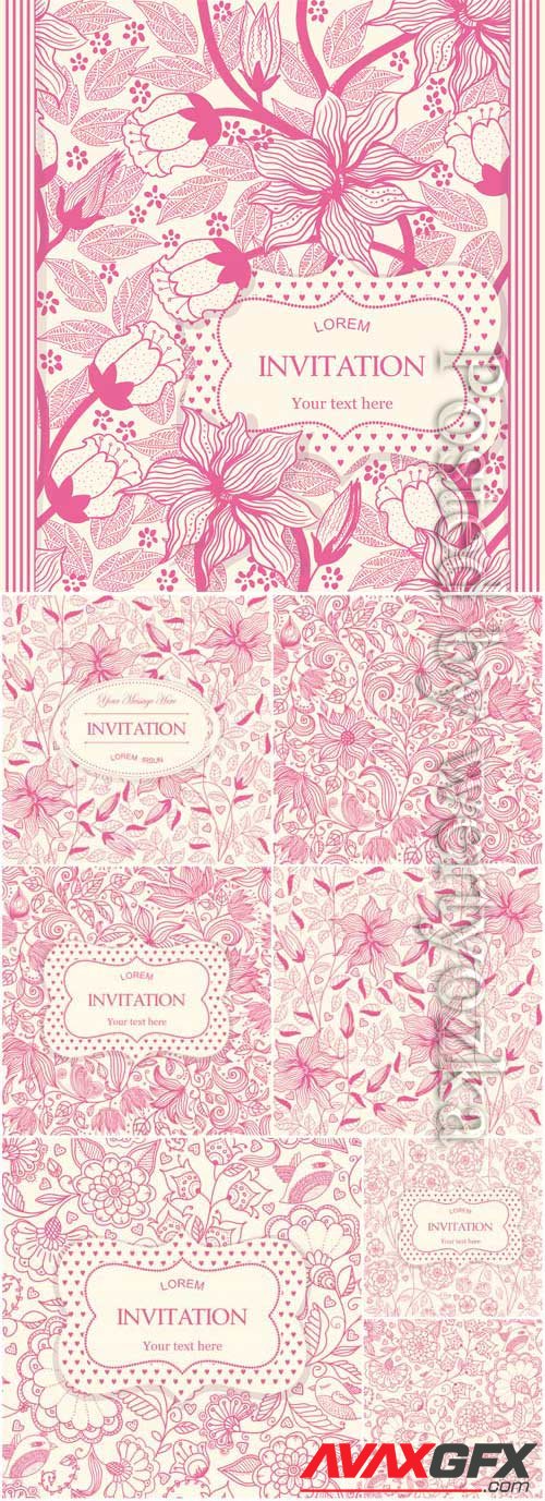 Backgrounds with pink patterns and flowers in vector