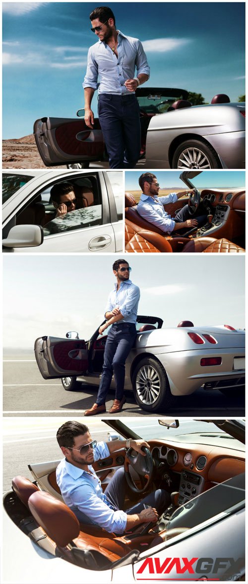 Young man driving a car stock photo