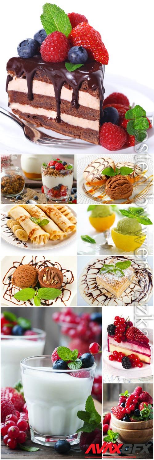 Desserts with fruits and berries stock photo