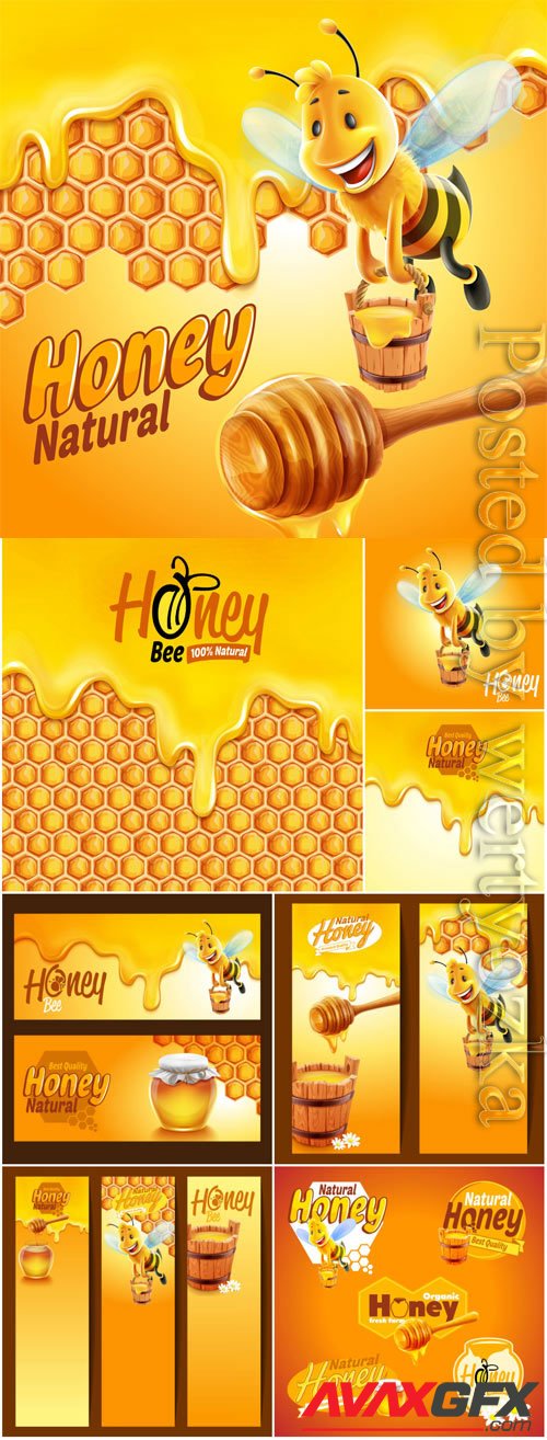 Backgrounds with honey and bees in vector