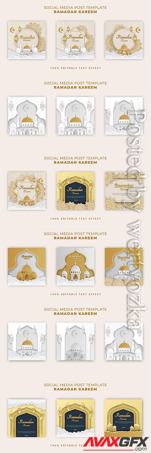 Ramadan kareem islamic banner with gold white paper cut style