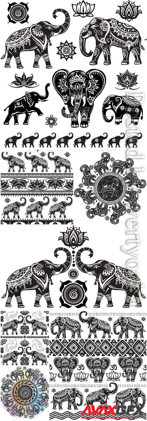 Indian patterns and elephants in vector