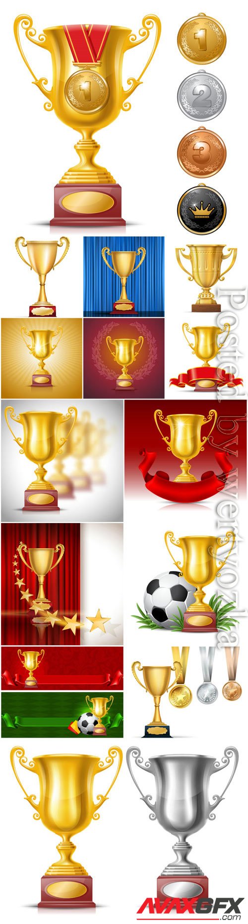 Cups and gold medals in vector
