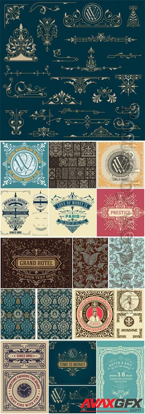 Vintage elements, labels and patterns in vector