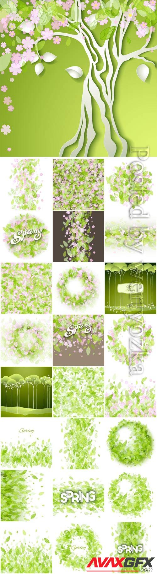 Green leaves and spring flowers in vector