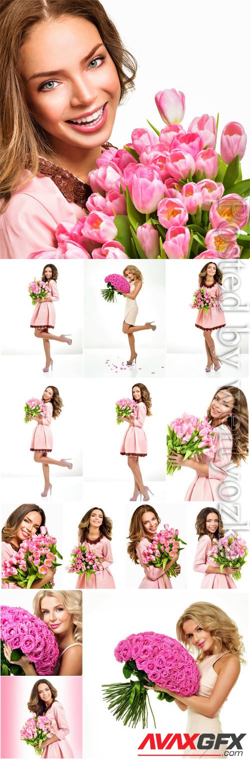 Girl with luxurious bouquet of flowers stock photo