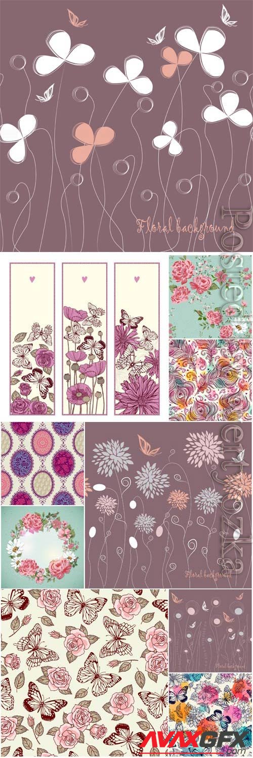 Backgrounds with flowers butterflies and patterns in vector