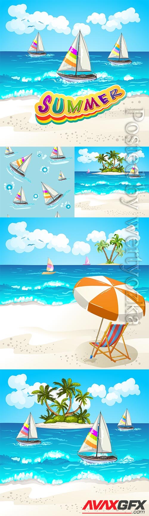 Summer vacation, sea, palm trees, cocktails in vector vol 9