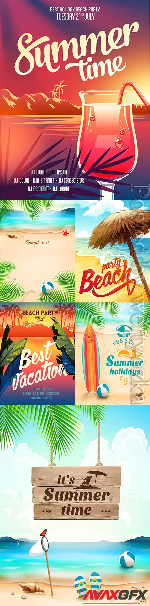 Summer vacation, sea, palm trees, cocktails in vector vol 10