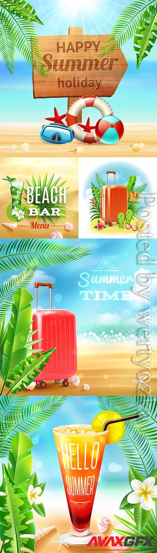 Summer vacation, sea, palm trees, cocktails in vector vol 6