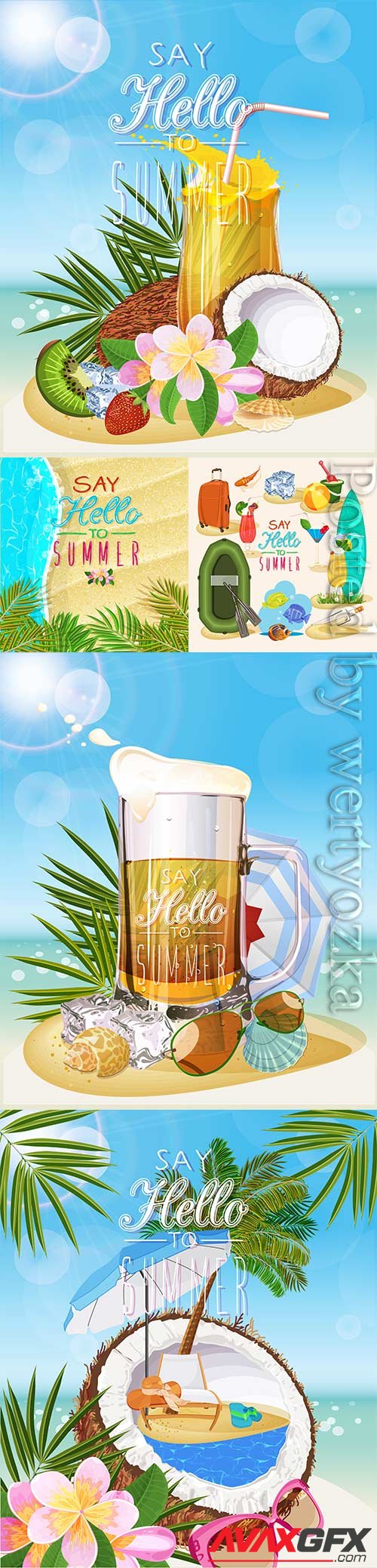 Summer vacation, sea, palm trees, cocktails in vector vol 3