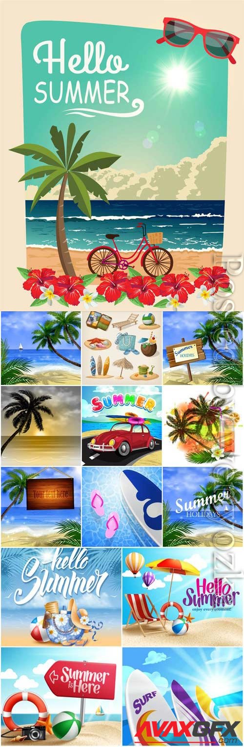 Summer backgrounds, vacations, palms and sea in vector