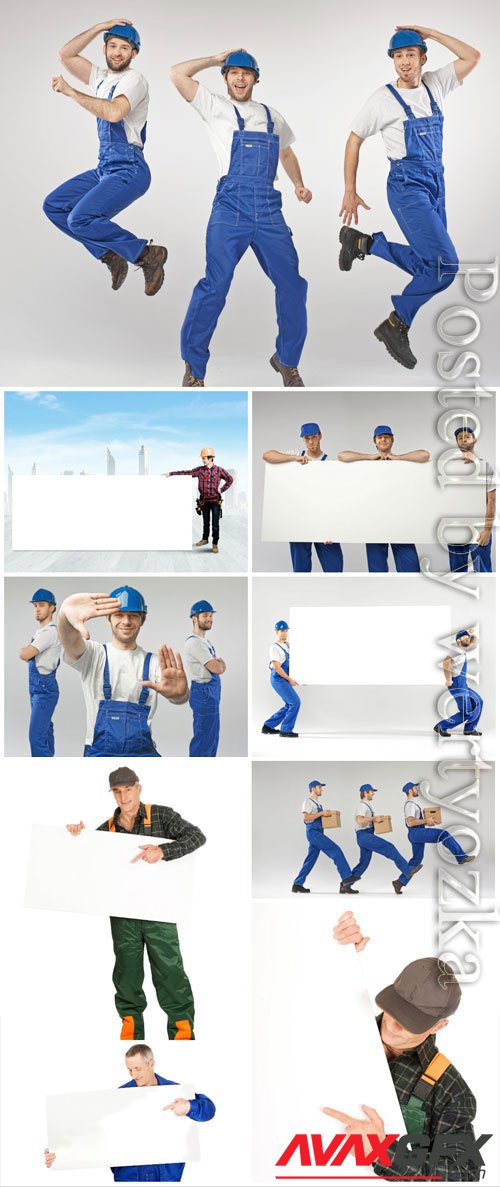 Working men holding placard stock photo