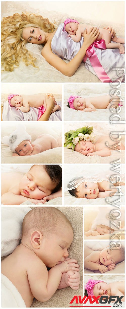 Mom and sleeping babies stock photo