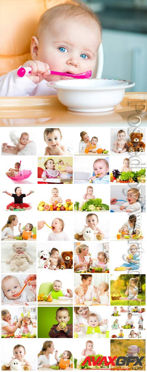 Little kids eating and playing stock photo