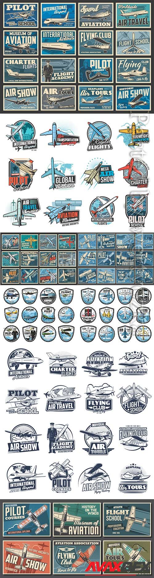 Aviation, air flight icons, airplane pilot school