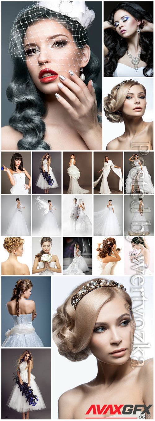 Brides with beautiful hairstyles and wedding dresses stock photo