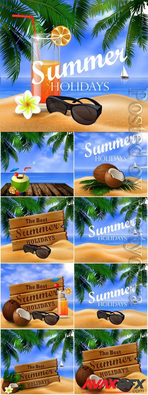 Summer vacation, sea, palm trees, cocktails in vector vol 18