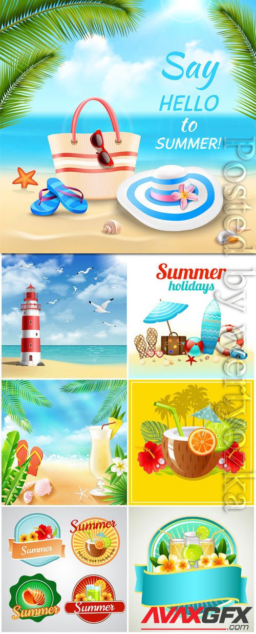 Summer vacation, sea, palm trees, cocktails in vector vol 19