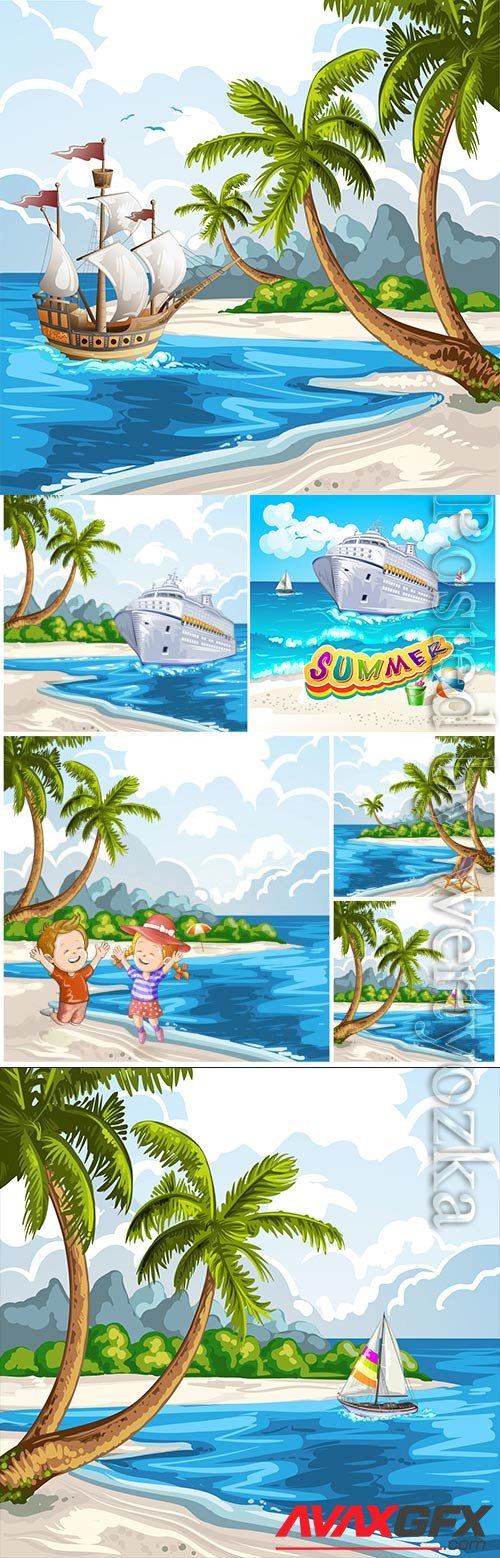 Summer vacation, sea, palm trees, cocktails in vector vol 15