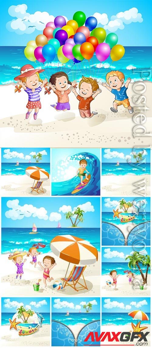 Summer vacation, sea, palm trees, cocktails in vector vol 12