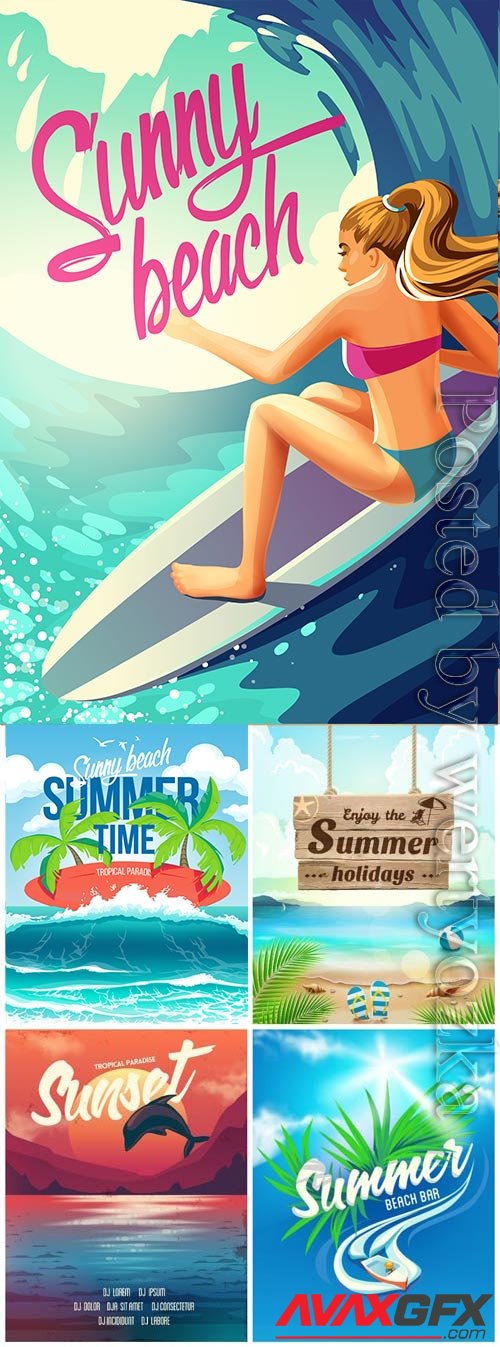 Summer vacation, sea, palm trees, cocktails in vector vol 11