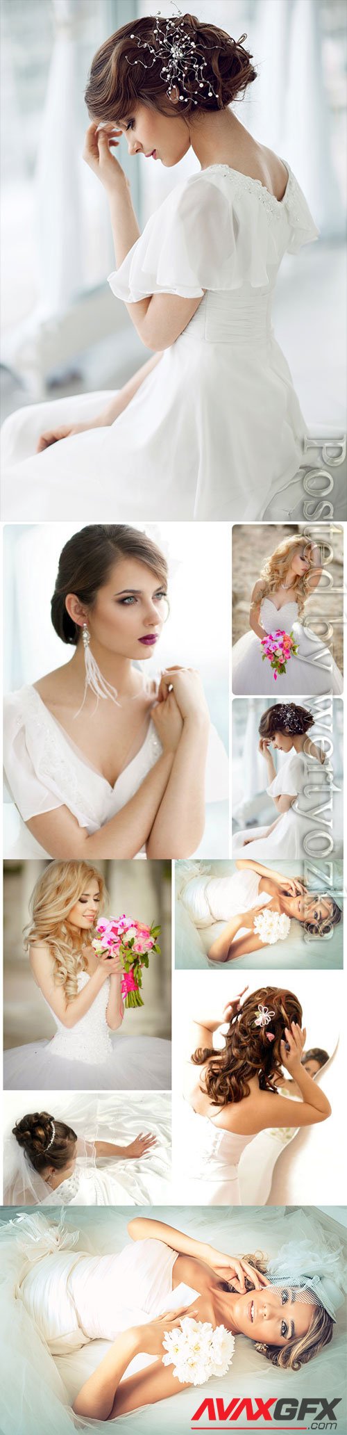 Adorable brides with wedding bouquets stock photo