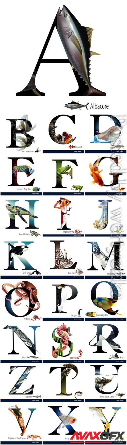 Alphabet with marine life in vector