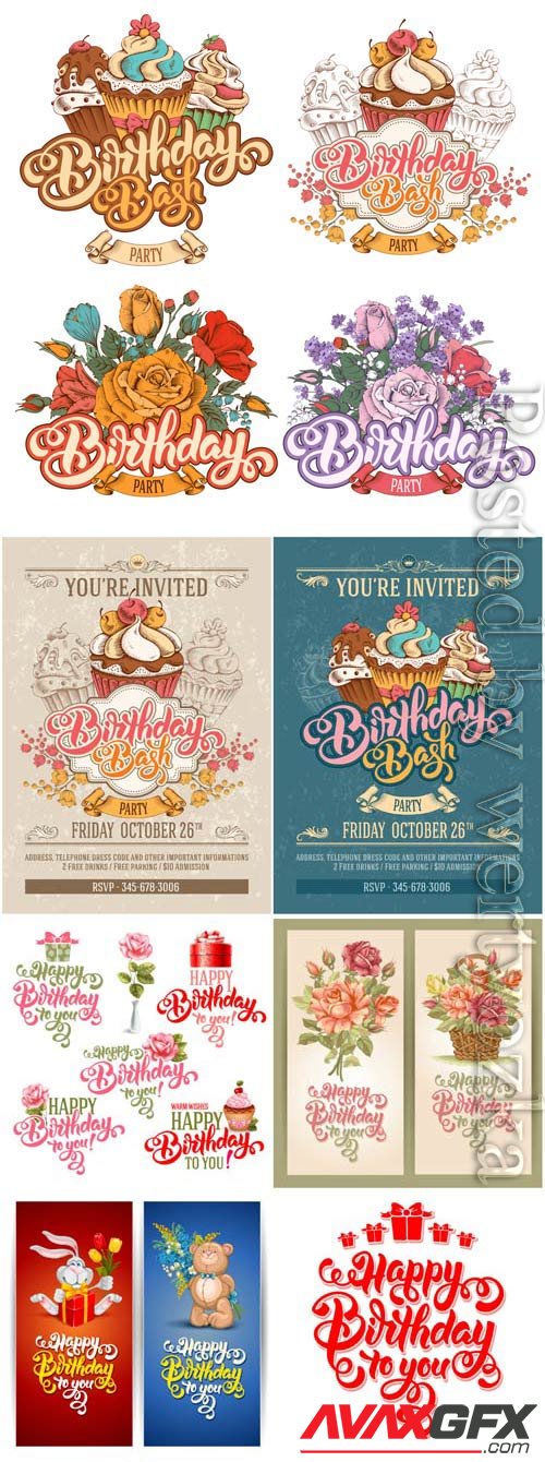 Vintage happy birthday posters in vector