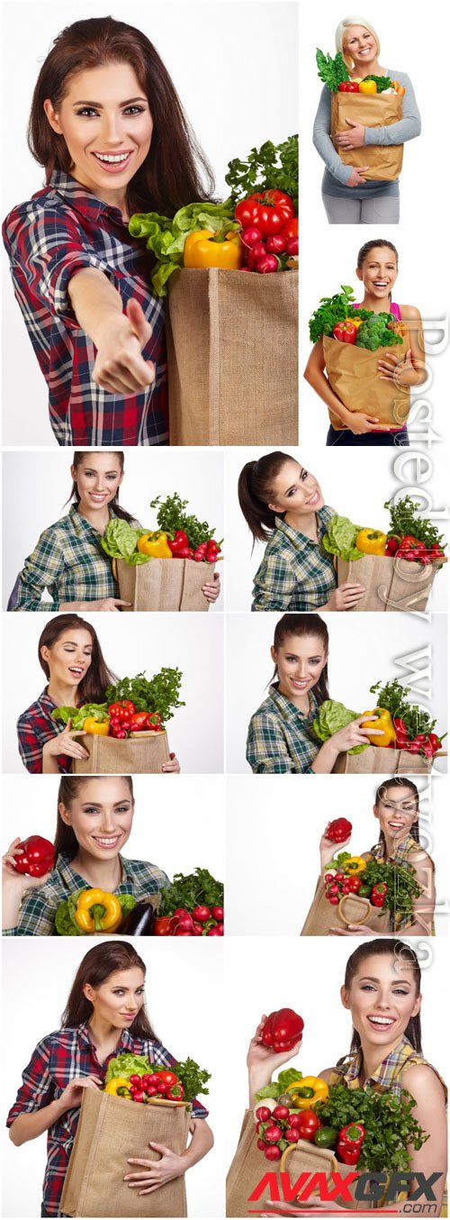Women with grocery bags stock photo