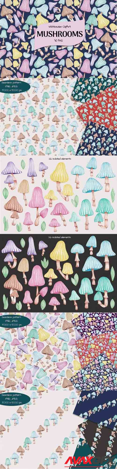 Watercolor ClipArt Mushrooms - 1389527