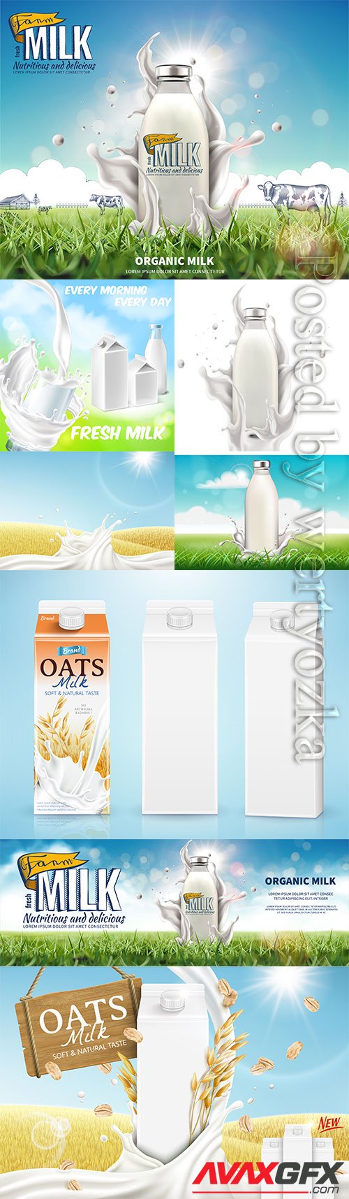 Milk banner with swirling liquid and blank carton box on golden grain field in 3d illustration
