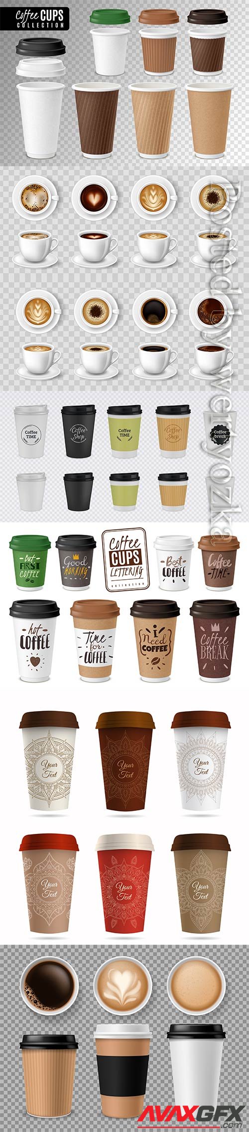 Realistic coffee cups, black coffee, cappuccino, latte, espresso