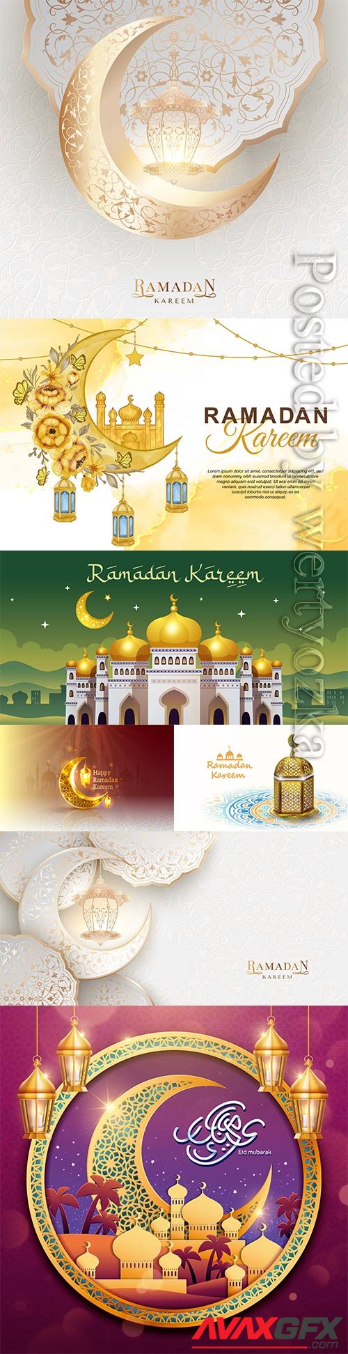 Ramadan kareem greeting card with islamic moon arabesque and lantern