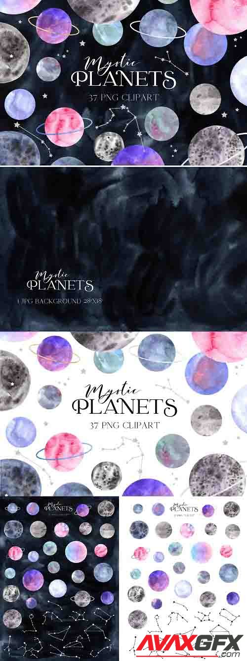 Space Planet Clipart. Watercolor planets and zodiac constell - 1422137