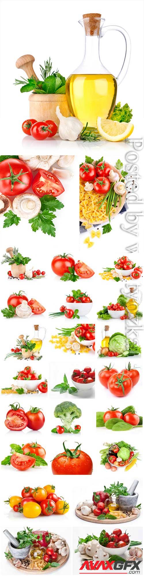 Fresh tomatoes, herbs, spices and oil stock photo