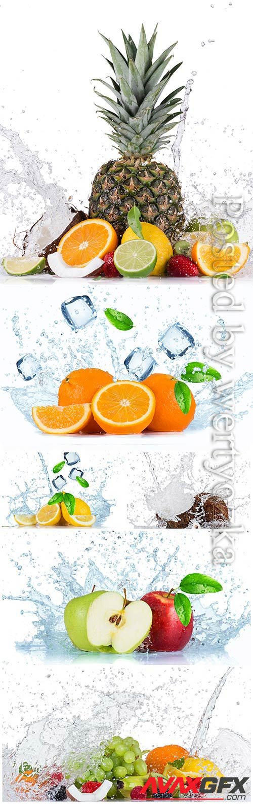 Fruits and berries with slices of lbda and splashing water stock photo