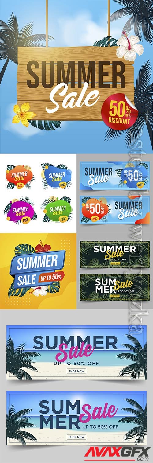 Summer sale vector banner with leaves
