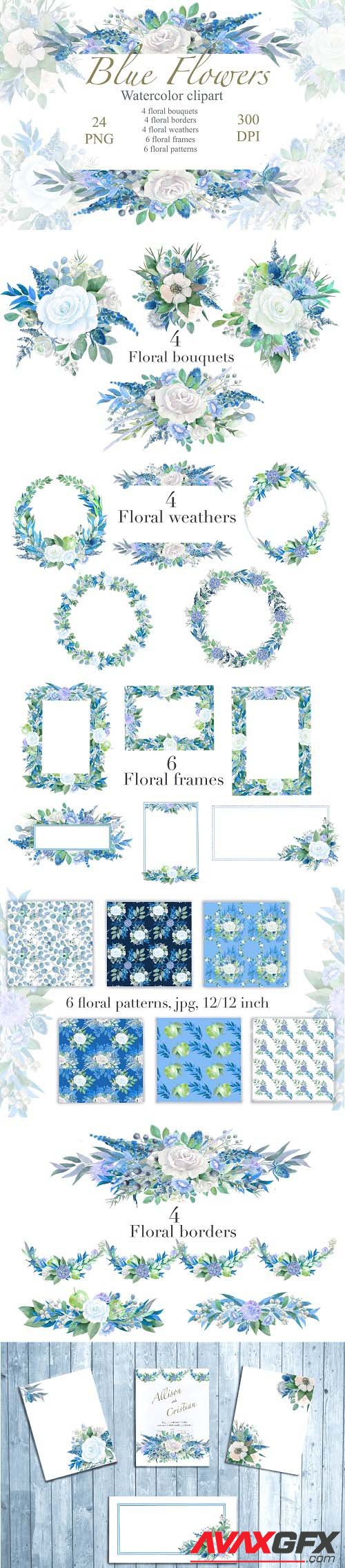 Blue Floral watercolor Clipart, Wedding Arrangements, Frames - 1425792